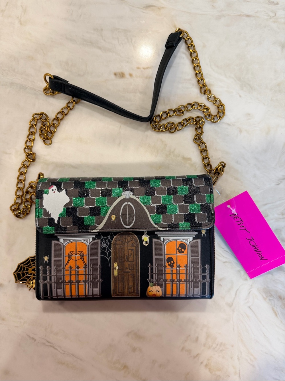 Betsey Johnson Black Green Halloween House Crossbody Bag
